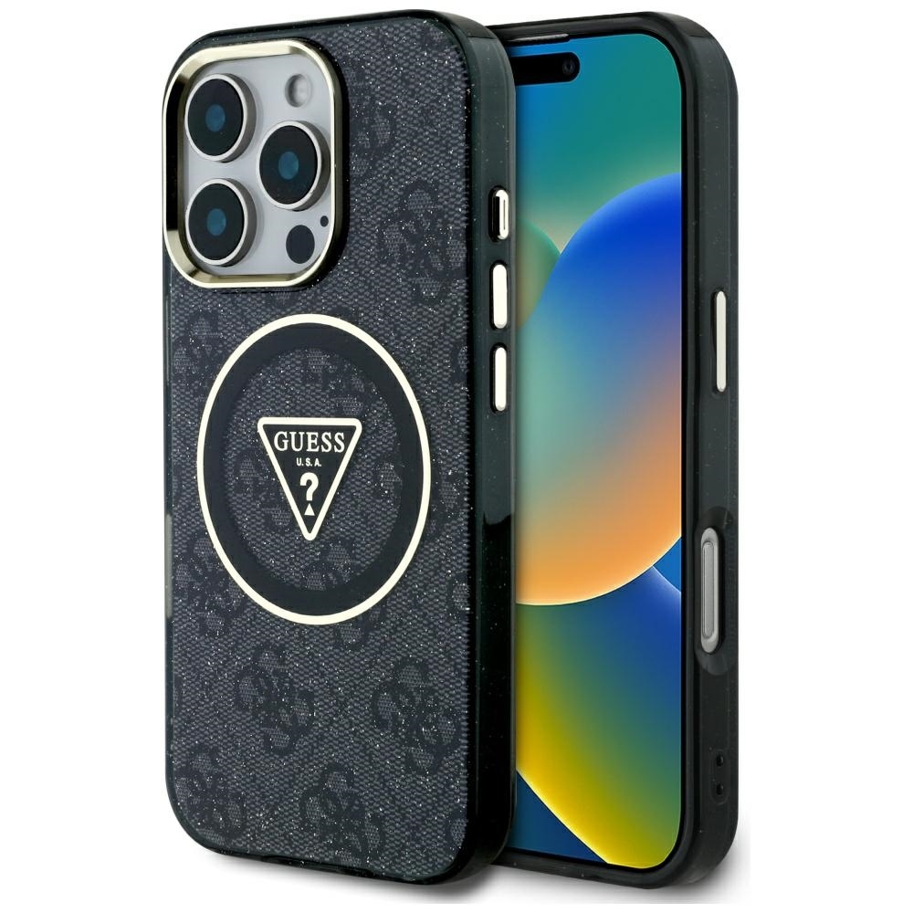 Original Case GUESS IML Metal Glitter 4G Circle Triangle MagSafe for Iphone 16 Pro Max black