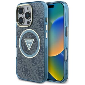 Original Case GUESS IML Metal Glitter 4G Circle Triangle MagSafe for Iphone 16 Pro Max blue