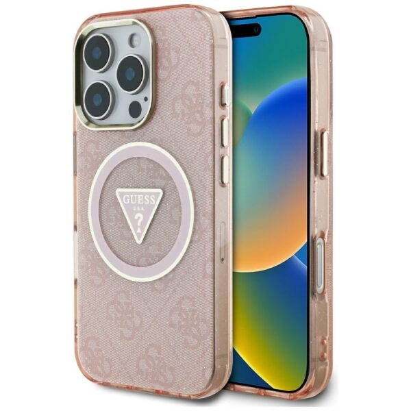 Original Case GUESS IML Metal Glitter 4G Circle Triangle MagSafe for Iphone 16 Pro Max pink