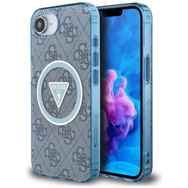 Original Case GUESS IML Metal Glitter 4G Circle Triangle MagSafe for Iphone 16e blue