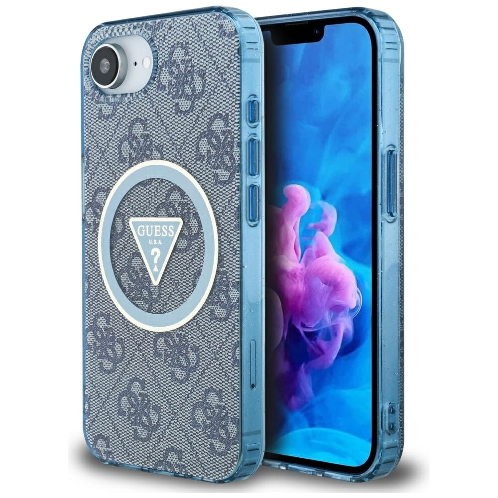 Original Case GUESS IML Metal Glitter 4G Circle Triangle MagSafe for Iphone 16e blue
