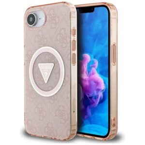 Original Case GUESS IML Metal Glitter 4G Circle Triangle MagSafe for Iphone 16e pink
