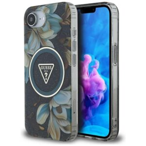 Original Case GUESS IML Metal Glitter Flowers Triangle MagSafe for Iphone 16e black