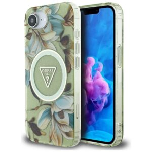 Original Case GUESS IML Metal Glitter Flowers Triangle MagSafe for Iphone 16e green