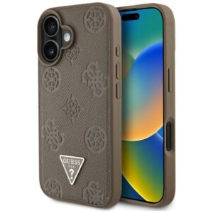 Original Case GUESS Grained Hot Stamp Peony Triangle Logo MagSafe for Iphone 16 brown