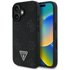 Original Case GUESS Grained Hot Stamp Peony Triangle Logo MagSafe for Iphone 16 black