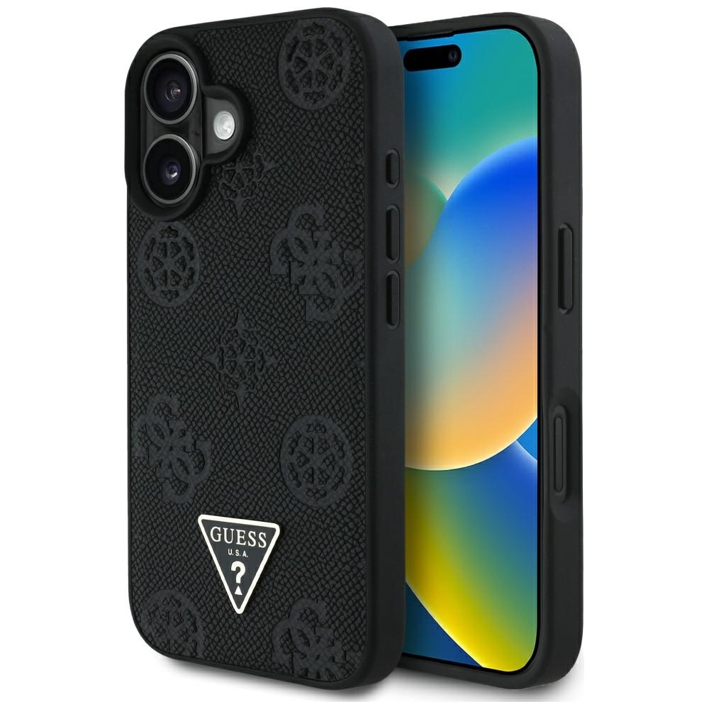 Original Case GUESS Grained Hot Stamp Peony Triangle Logo MagSafe for Iphone 16 black