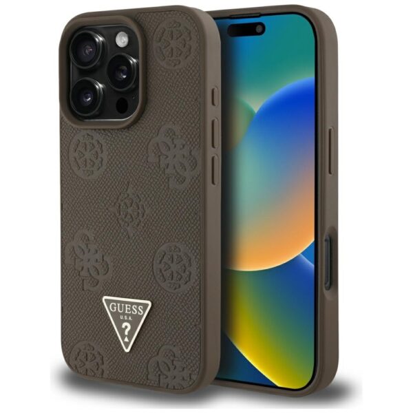 Original Case GUESS Grained Hot Stamp Peony Triangle Logo MagSafe for Iphone 16 Pro Max brown
