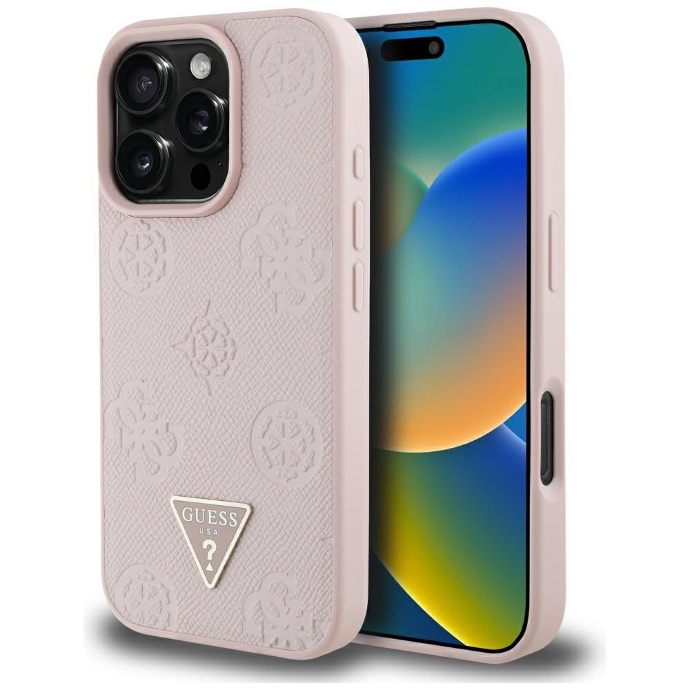 product-102499 Original Case GUESS Grained Hot Stamp Peony Triangle Logo MagSafe for Iphone 16 Pro pink