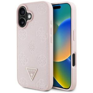 Original Case GUESS Grained Hot Stamp Peony Triangle Logo MagSafe for Iphone 16 pink