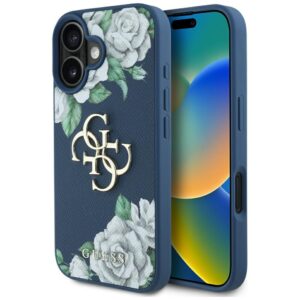 Original Case GUESS Grained Roses Big 4G logo for Iphone 16 blue