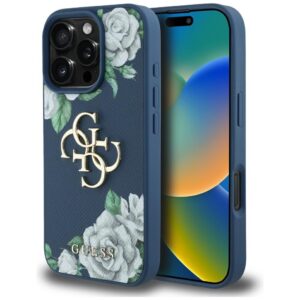 Original Case GUESS Grained Roses Big 4G logo for Iphone 16 Pro Max blue