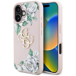 Original Case GUESS Grained Roses Big 4G logo for Iphone 16 pink