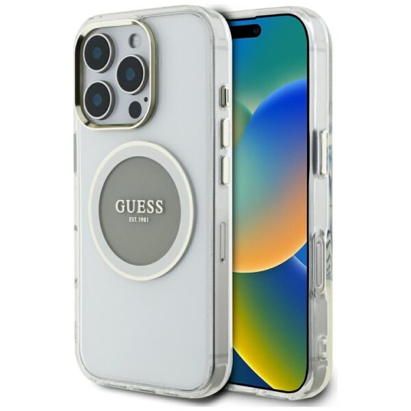 Original Case GUESS IML Metal Colored Circle Classic Logo MagSafe for Iphone 16 Pro grey