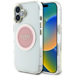 Original Case GUESS IML Metal Colored Circle Classic Logo MagSafe for Iphone 16 pink