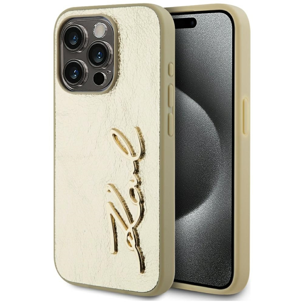 Original Pouch KARL LAGERFELD Wrinkled Metal Signature for Iphone 15 Pro gold