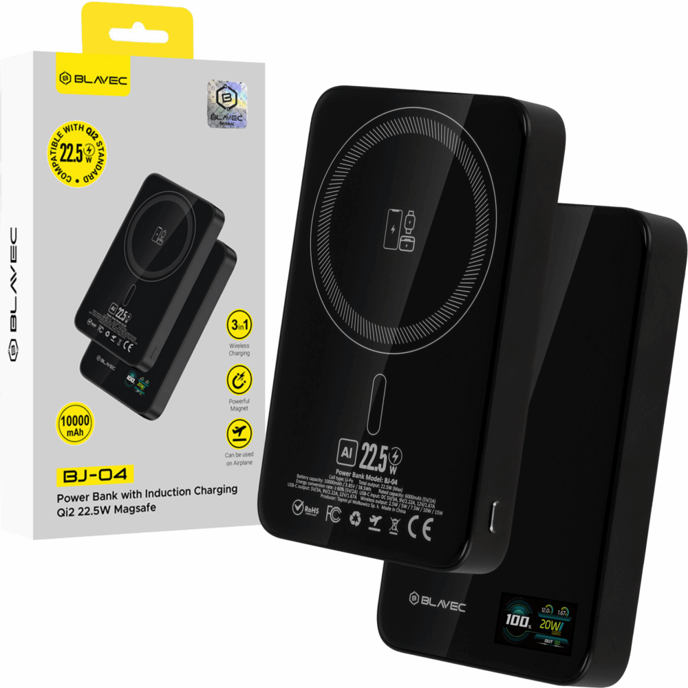 Blavec Power Bank 10000mAh BJ-04 Slim 13,5mm - Type C - 22,5W magnetic Magsafe 3 in 1 (PBBJ04-MC10B) black