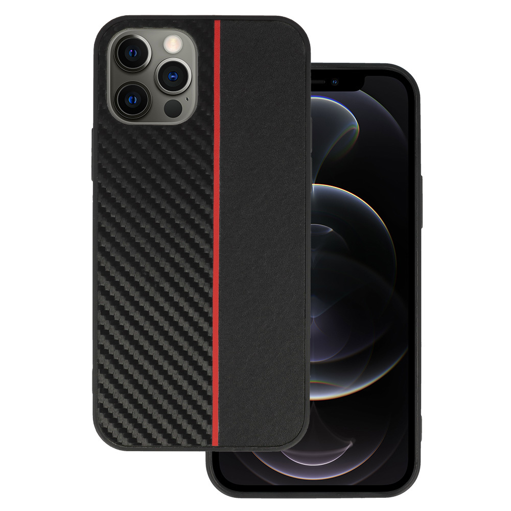 Tel Protect CARBON Case for Iphone 12 Pro Max Black with red stripe
