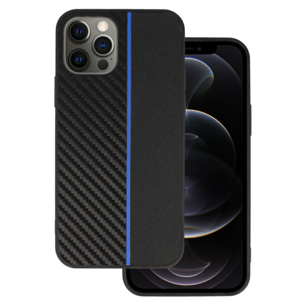 Tel Protect CARBON Case for Iphone 12 Pro Max Black with blue stripe