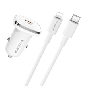 Borofone Car charger BZ12B Lasting Power - Type C - PD QC 3.0 18W 3A with Type C to Lightning cable white