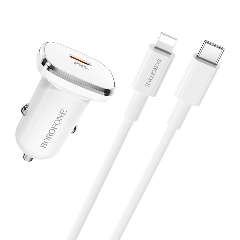 product-66529 Borofone Car charger BZ12B Lasting Power - Type C - PD QC 3.0 18W 3A with Type C to Lightning cable white