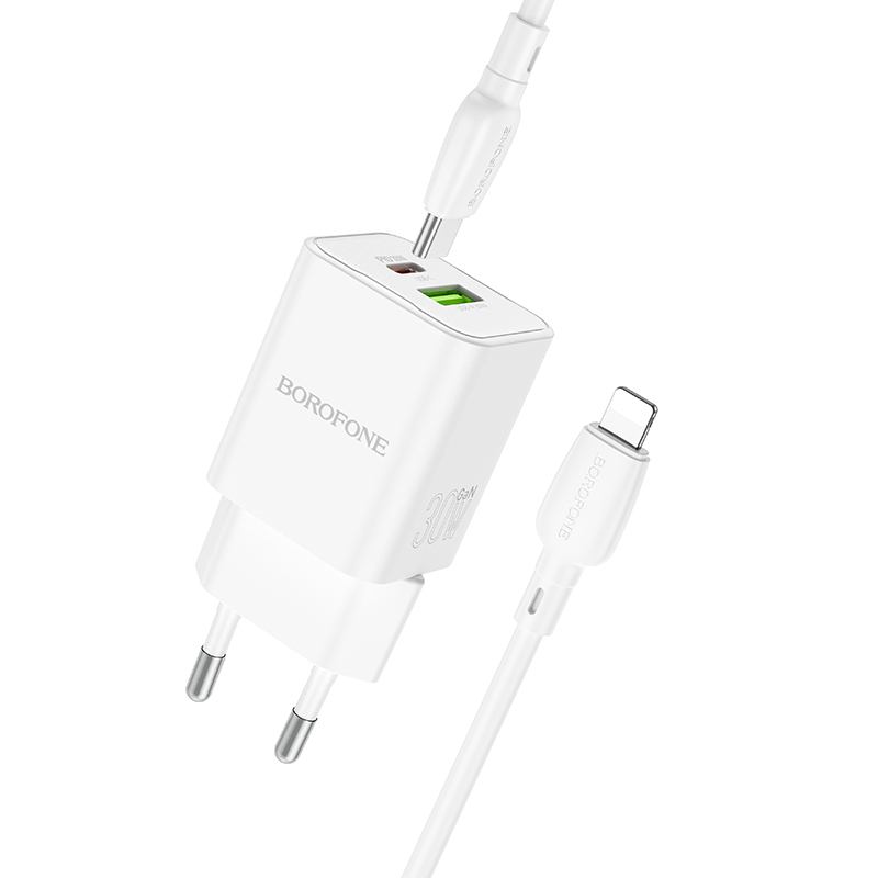 product-91497 Borofone Wall charger BN14 Royal GaN - USB + Type C - QC 3.0 PD 30W with Type C to Lightning cable white