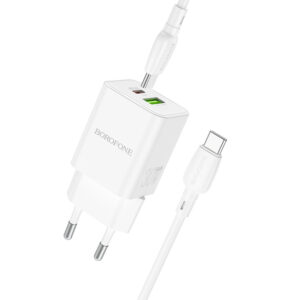 Borofone Wall charger BN14 Royal GaN - USB + Type C - QC 3.0 PD 30W with Type C to Type C cable white