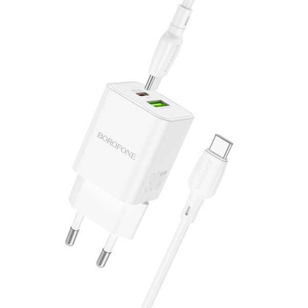 Borofone Wall charger BN14 Royal GaN - USB + Type C - QC 3.0 PD 30W with Type C to Type C cable white