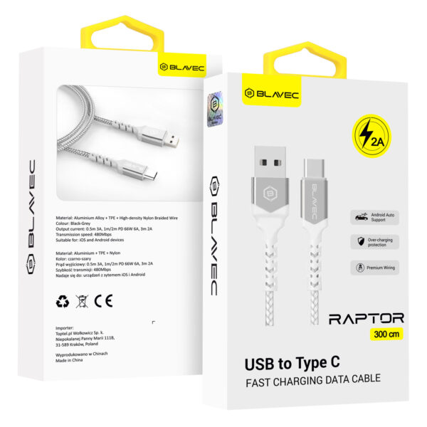 Blavec Cable Raptor braided - USB to Type C - 2A 3 metres Apple CarPlay/Android Auto (CRA-UC2WS30) white-silver