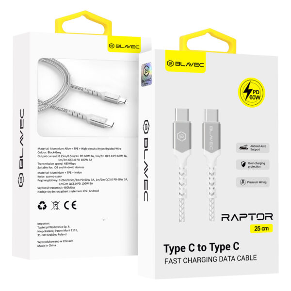 Blavec Cable Raptor braided - Type C to Type C - PD 60W 3A 0,25 metres Apple CarPlay/Android Auto (CRA-CC3WS025) white-silver