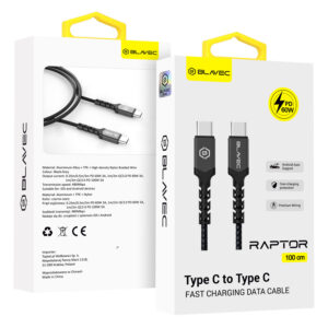 Blavec Cable Raptor braided - Type C to Type C - PD 60W 3A 1 metre Apple CarPlay/Android Auto (CRA-CC3BG10) black-grey