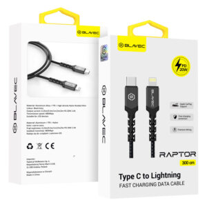 Blavec Cable Raptor braided - Type C to Lightning - PD 20W 2,4A 3 metres Apple CarPlay (CRA-CL24BG30) black-grey