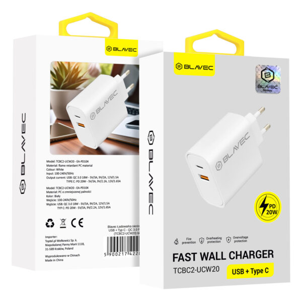 Blavec Wall charger BC-2 - USB + Type C - QC 3.0 PD 20W (TCBC2-UCW20) white