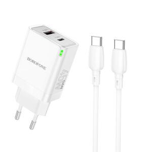 Borofone Wall charger BN16 Tough - USB + Type C - PD 45W 3A with Type C to Type C cable white