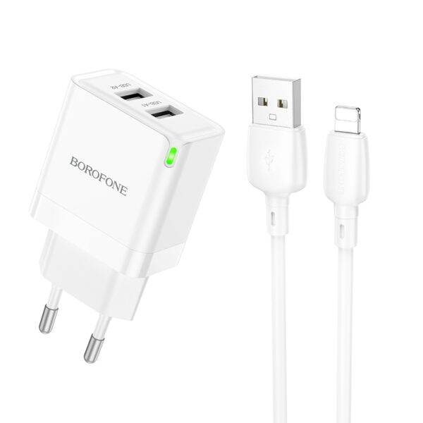 Borofone Wall charger BN15 Strong - 2xUSB - 2,1A with USB to Lightning cable white