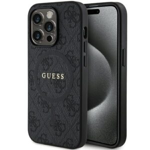 Original Case GUESS hardcase 4G Collection Leather Metal Logo MagSafe GUHMP15LG4GFRK for Iphone 15 Pro black