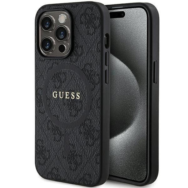 Original Case GUESS hardcase 4G Collection Leather Metal Logo MagSafe GUHMP15LG4GFRK for Iphone 15 Pro black