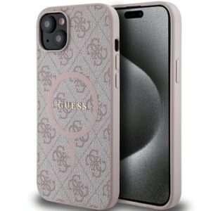 Original Case GUESS hardcase 4G Collection Leather Metal Logo MagSafe GUHMP15SG4GFRP for Iphone 15/14/13 pink
