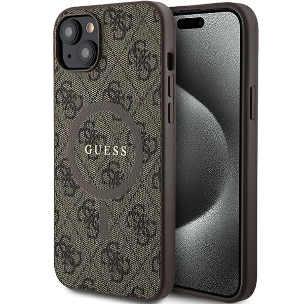 Original Case GUESS hardcase 4G Collection Leather Metal Logo MagSafe GUHMP15SG4GFRW for Iphone 15/14/13 brown