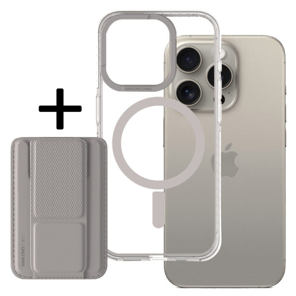 Amazing Thing Titan Pro Mag Wallet Case 10FT IP156.7PTWGY for Iphone 15 Pro Max titanium with stand