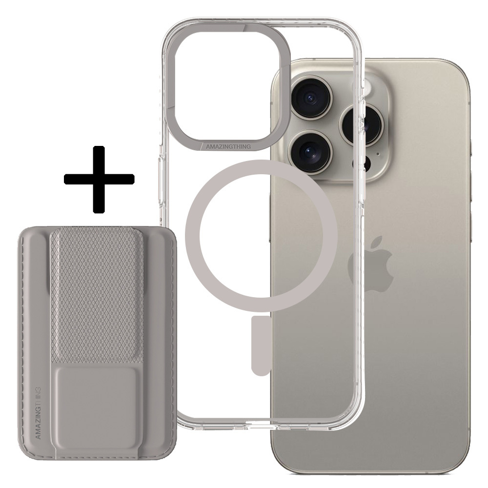 Amazing Thing Titan Pro Mag Wallet Case 10FT IP156.7PTWGY for Iphone 15 Pro Max titanium with stand