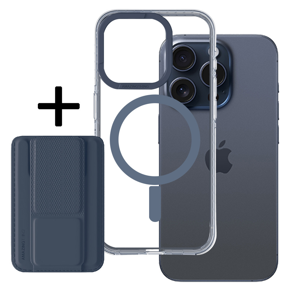 Amazing Thing Titan Pro Mag Wallet Case 10FT IP156.7PTWBU for Iphone 15 Pro Max navy with stand