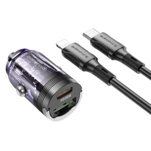 Borofone Car charger BZ29A Talented - USB + Type C - QC 3.0 PD 36W 3A with Type C to Lightning transparent-purple