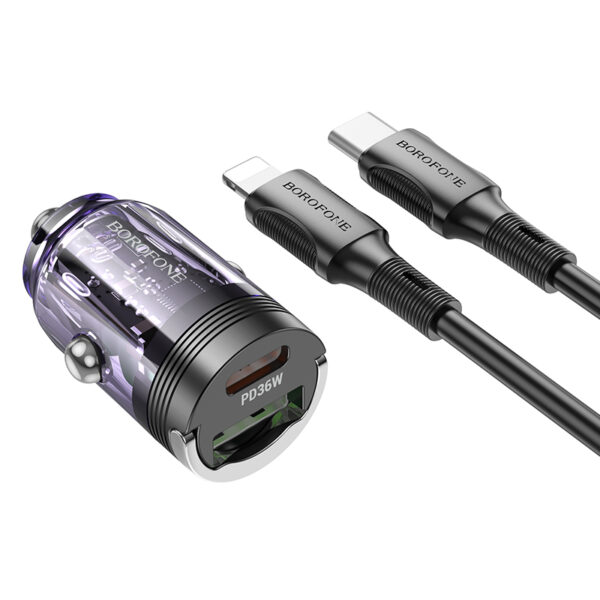 Borofone Car charger BZ29A Talented - USB + Type C - QC 3.0 PD 36W 3A with Type C to Lightning transparent-purple