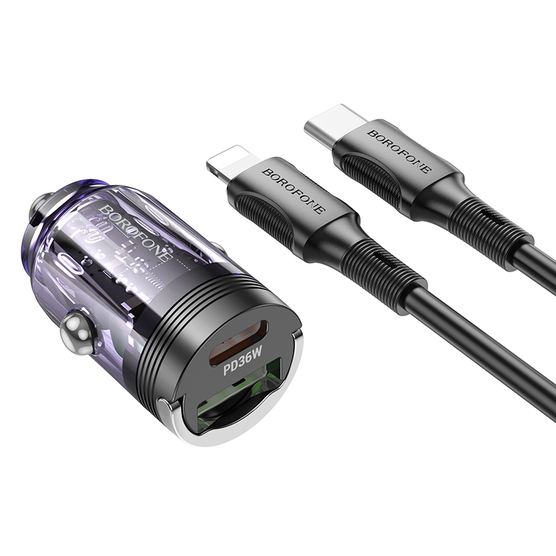 product-95169 Borofone Car charger BZ29A Talented - USB + Type C - QC 3.0 PD 36W 3A with Type C to Lightning transparent-purple