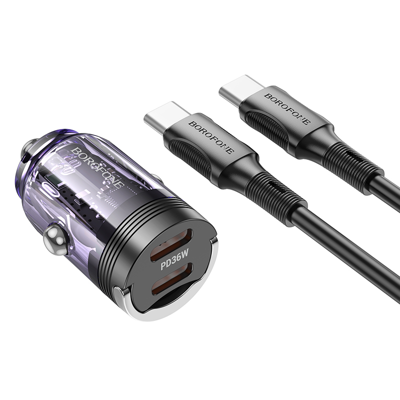 product-95175 Borofone Car charger BZ29B Outstanding - 2xType C - PD 36W 3A with Type C to Lightning cable transparent-purple