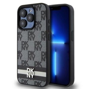 Original Case DKNY hardcase Leather Checkered Mono Pattern & Printed Stripes DKHCP15LPCPTSSK for Iphone 15 Pro black