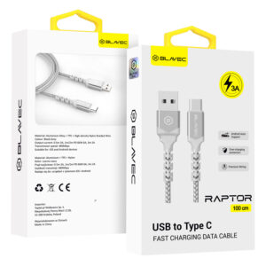 Blavec Cable Raptor braided - USB to Type C - 3A 1 metre Apple CarPlay/Android Auto (CRA-UC3WS10) white-silver