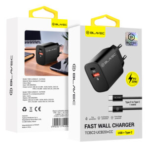 Blavec Wall charger BC-2 - USB + Type C - QC 3.0 PD 20W with Type C to Type C cable (TCBC2-UCB20+CC) black