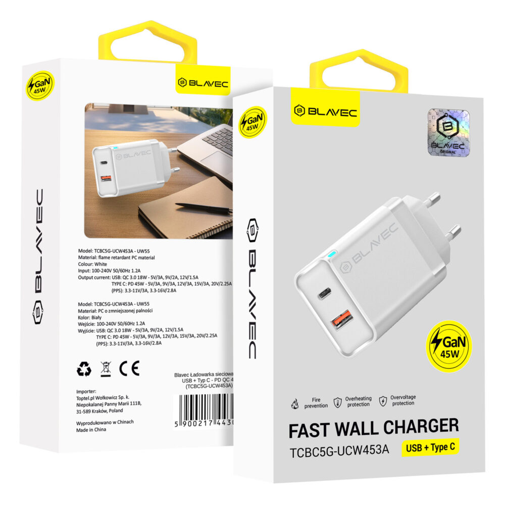 Blavec Wall charger BC-5 GaN - USB + Type C - PD QC 45W 3A (TCBC5G-UCW453A) white